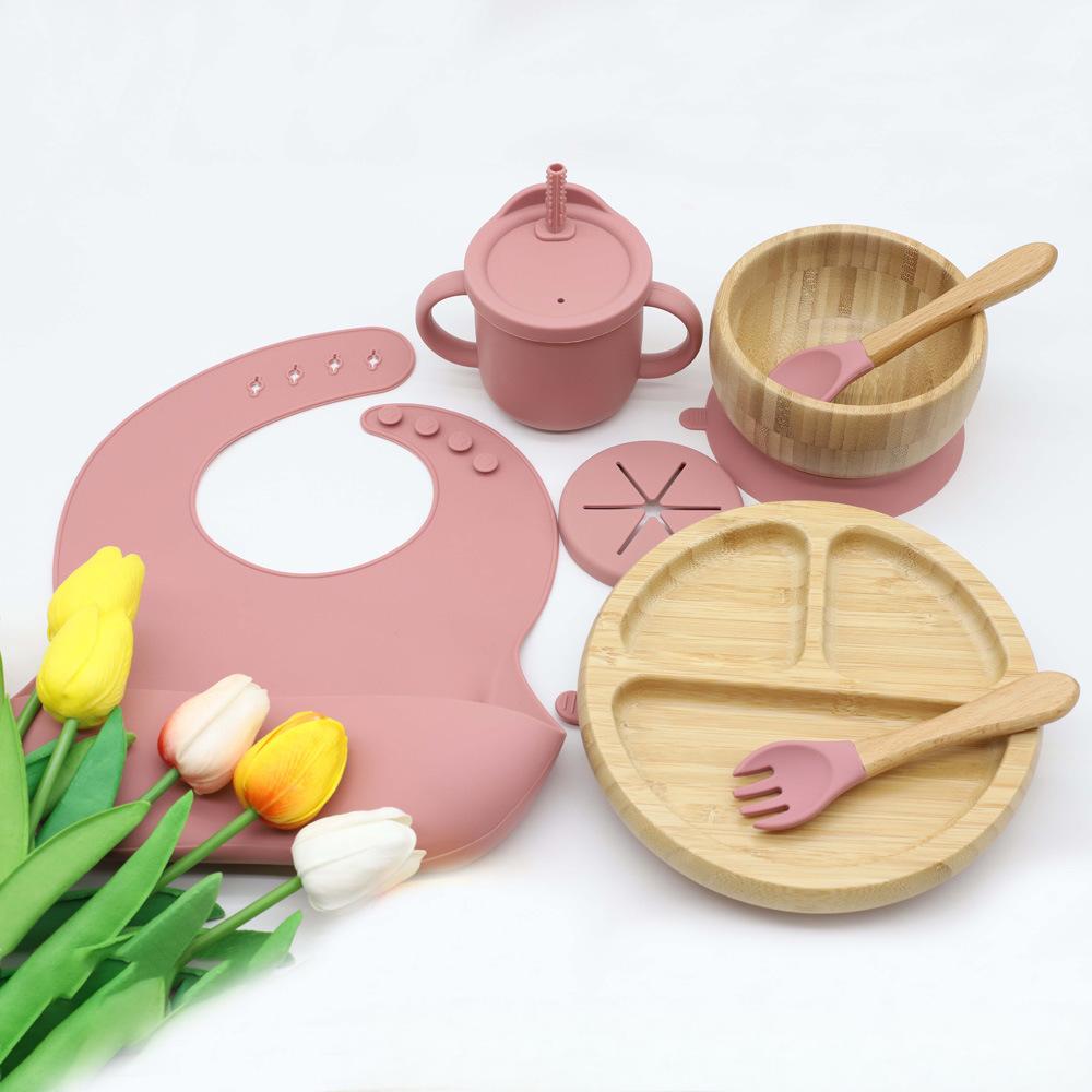Bamboo children's bib round dinner plate bowl with silicone suction cup strong suction water cup baby food tableware set (6)(1)