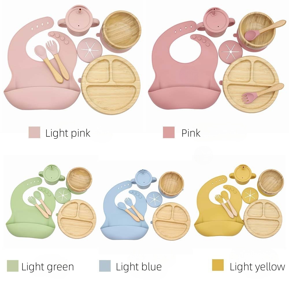 Bamboo children's bib round dinner plate bowl with silicone suction cup strong suction water cup baby food tableware set (6)