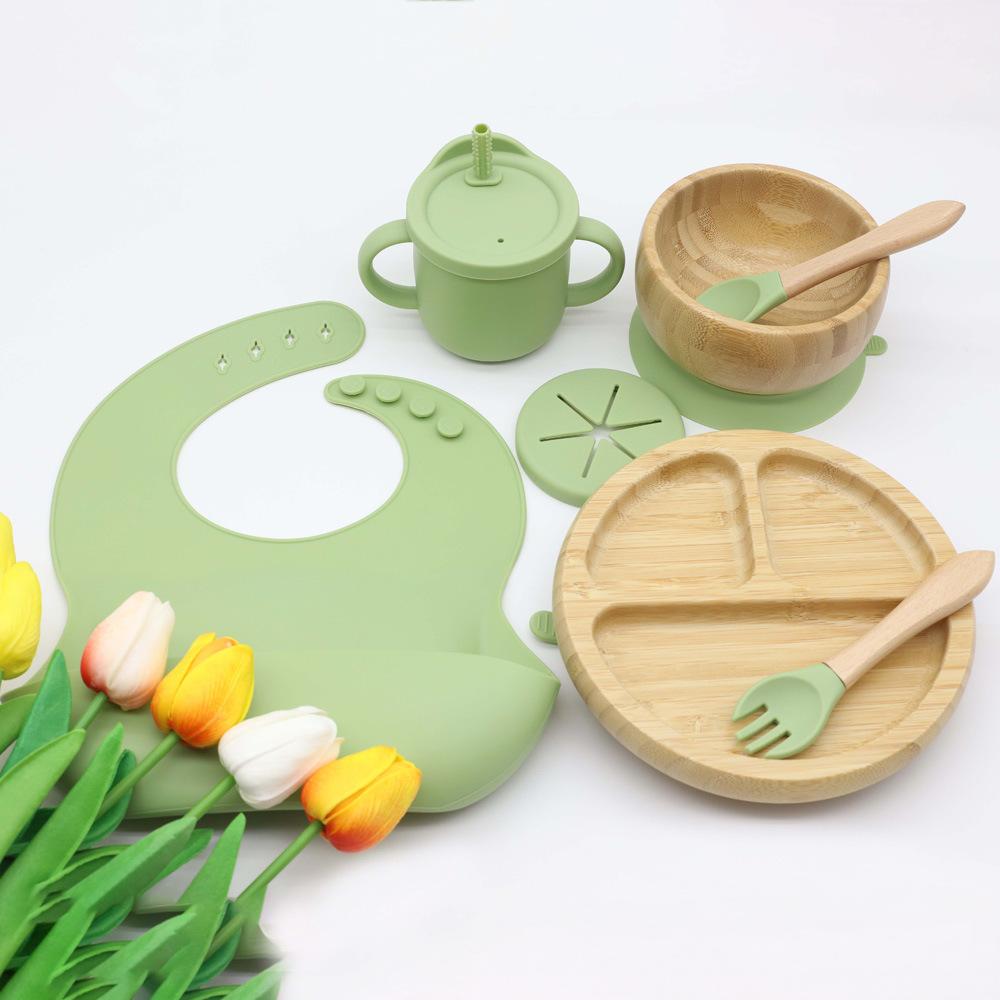Bamboo children's bib round dinner plate bowl with silicone suction cup strong suction water cup baby food tableware set (7)(1)