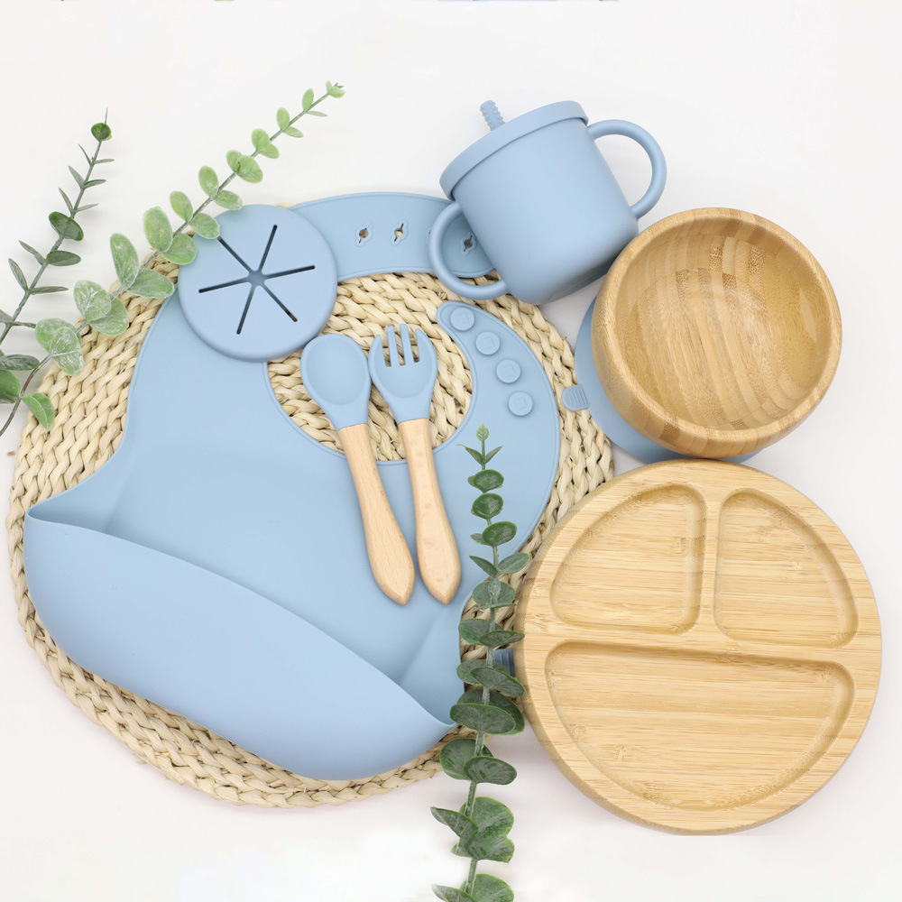 Bamboo children's bib round dinner plate bowl with silicone suction cup strong suction water cup baby food tableware set (7)