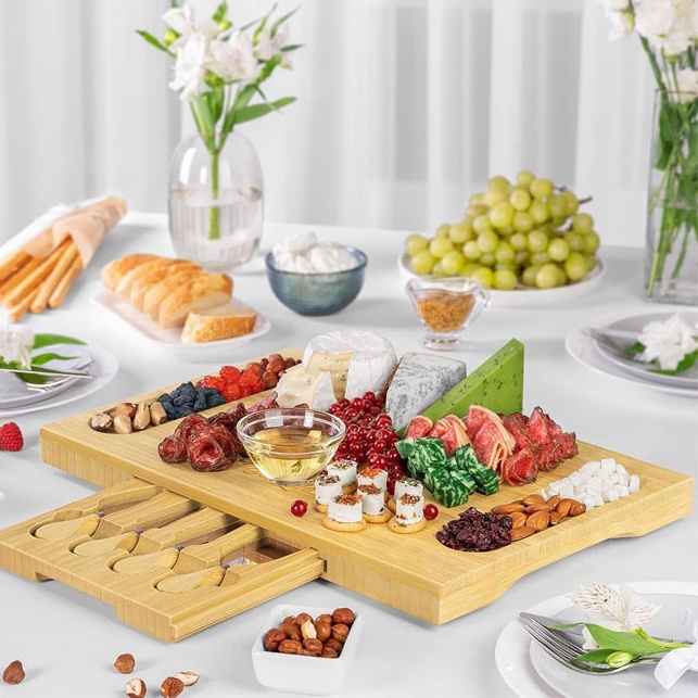 Creative Acacia Cheese Tray Household Afternoon Tea Dessert Bamboo Tray Table with Knife and Fork Invisible Drawer Chopping Board Set (1)
