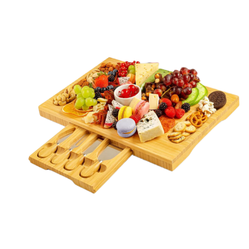 Creative Acacia Cheese Tray Household Afternoon Tea Dessert Bamboo Tray Table with Knife and Fork Invisible Drawer Chopping Board Set (2)