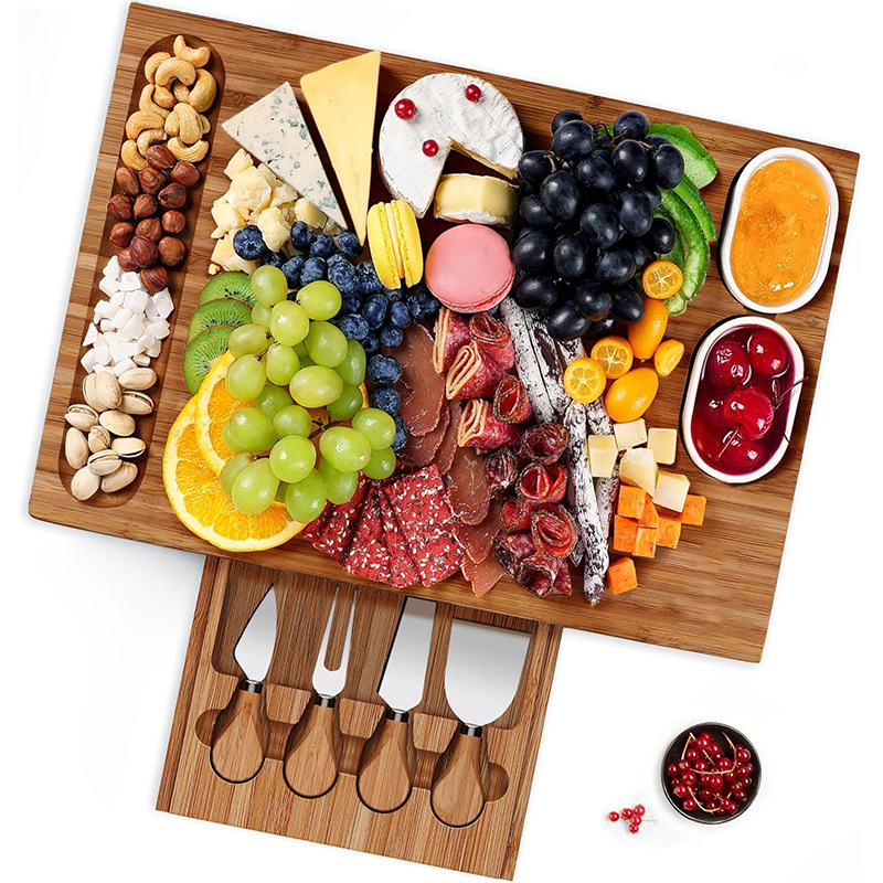 Creative Acacia Cheese Tray Household Afternoon Tea Dessert Bamboo Tray Table with Knife and Fork Invisible Drawer Chopping Board Set (2)
