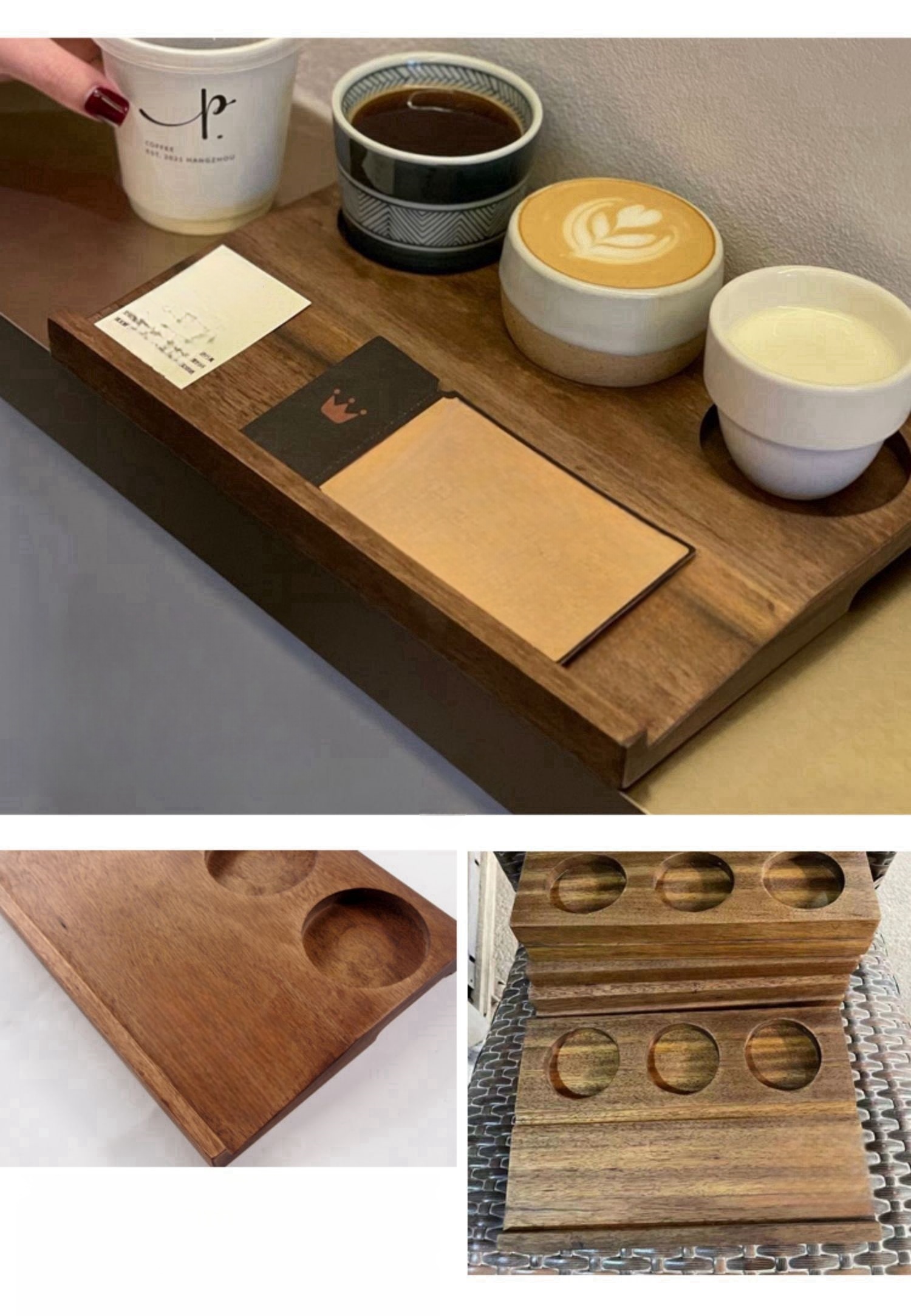 High-grade solid wood bamboo cup holder three-hole four-hole beverage red wine beer cup tray coffee coaster tea ceremony commercial set coffee tasting cup tray (4)