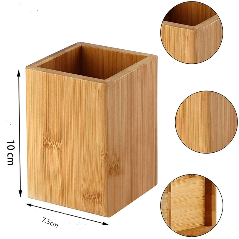 Bamboo pen holder office creative ornaments square multifunctional solid wood simple student desktop storage box LOGO customized (9)