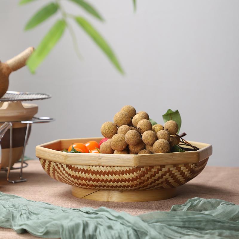 Bamboo round dustpan round basket dessert plate candy snack fruit basket creative household round plate mini handmade bamboo products (1)