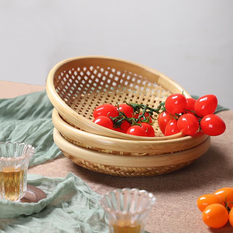 Bamboo round dustpan round basket dessert plate candy snack fruit basket creative household round plate mini handmade bamboo products (2)
