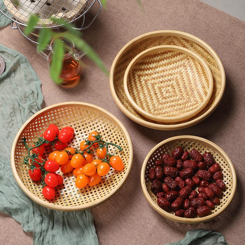 Bamboo round dustpan round basket dessert plate candy snack fruit basket creative household round plate mini handmade bamboo products (2)