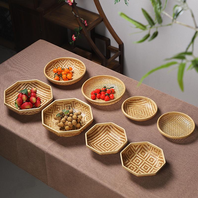 Bamboo round dustpan round basket dessert plate candy snack fruit basket creative household round plate mini handmade bamboo products (6)