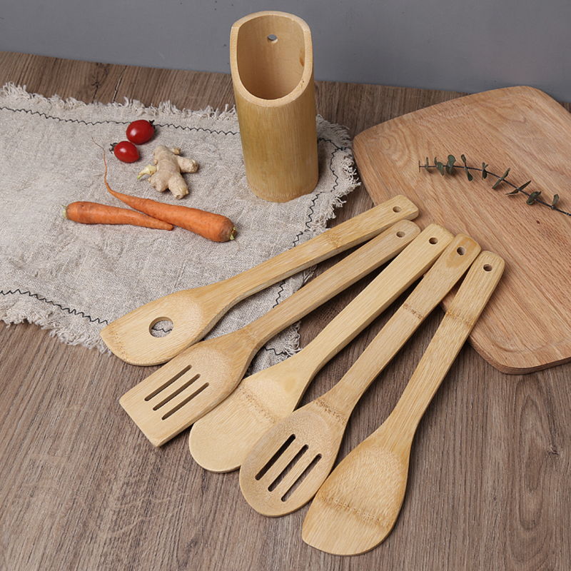 Long handle bamboo spatula bamboo kitchen utensils bamboo spoon kitchen household food grade bamboo soup spoon durable cooking spatula non-stick pan spatula set (1)