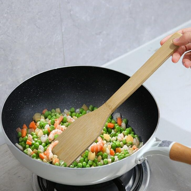 Long handle bamboo spatula bamboo kitchen utensils bamboo spoon kitchen household food grade bamboo soup spoon durable cooking spatula non-stick pan spatula set (1)
