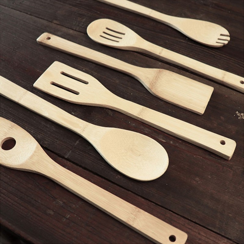 Long handle bamboo spatula bamboo kitchen utensils bamboo spoon kitchen household food grade bamboo soup spoon durable cooking spatula non-stick pan spatula set (2)
