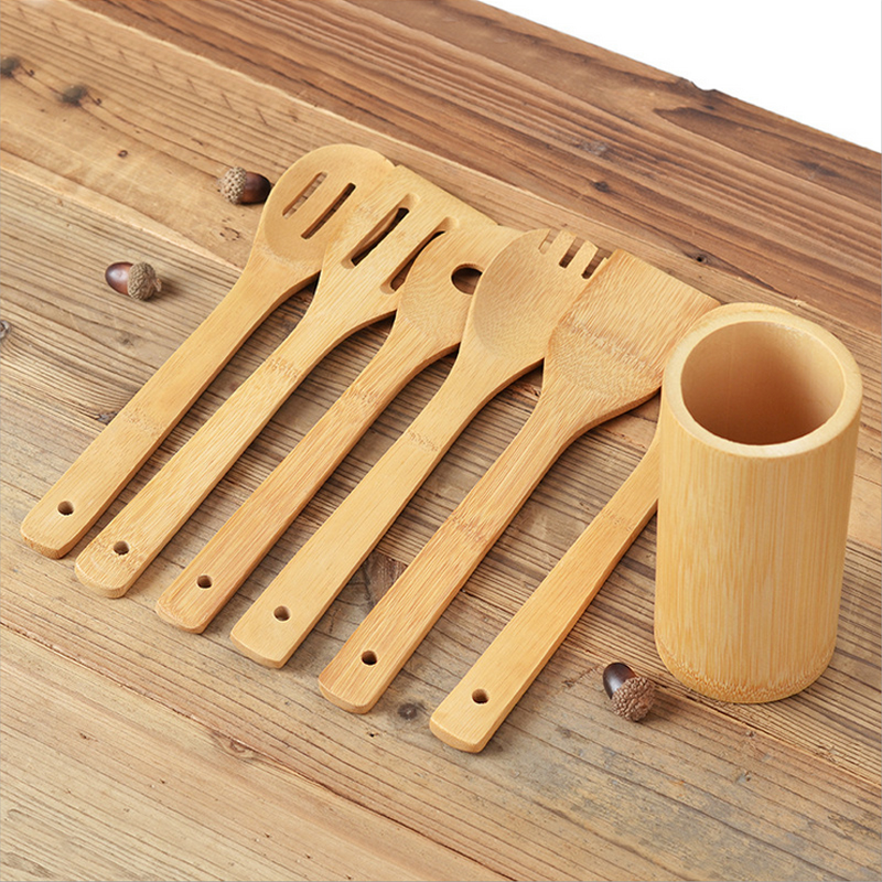 Long handle bamboo spatula bamboo kitchen utensils bamboo spoon kitchen household food grade bamboo soup spoon durable cooking spatula non-stick pan spatula set (4)