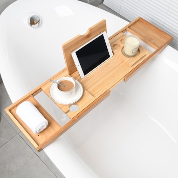 Premium Bamboo Bathtub Tray Caddy - Features Wine Glass Holder, Built-in Bookshelf & Towel Rack - Spa Relaxation Essential
