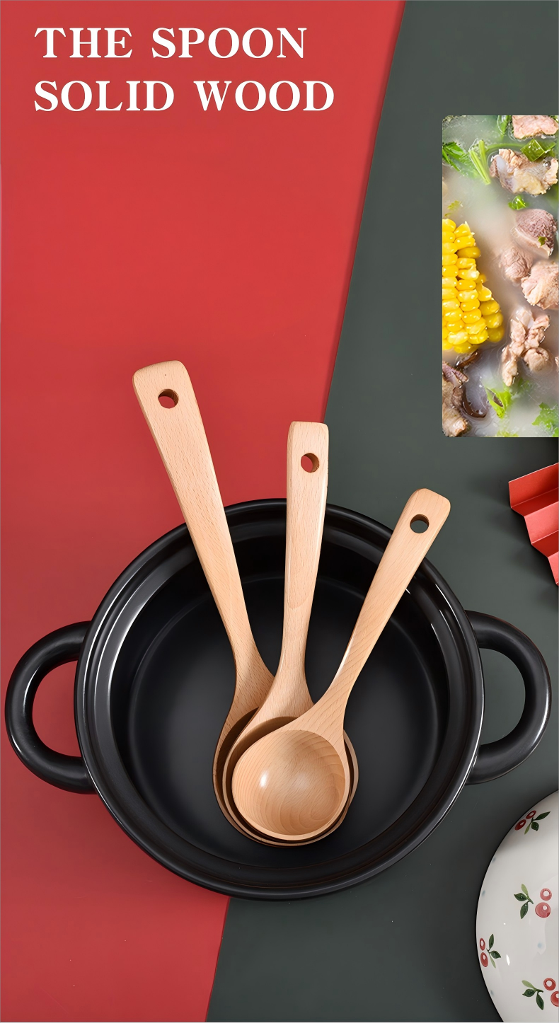 Beech wood household large soup spoon wooden with long handle (6)
