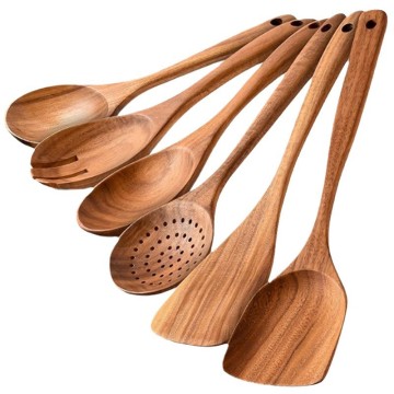 Teak Wood Cooking Utensil Set  Non-Stick Spoons Spatulas Forks Kitchen Collection with Long Handle Acacia Non-Scrape Kitchen Set