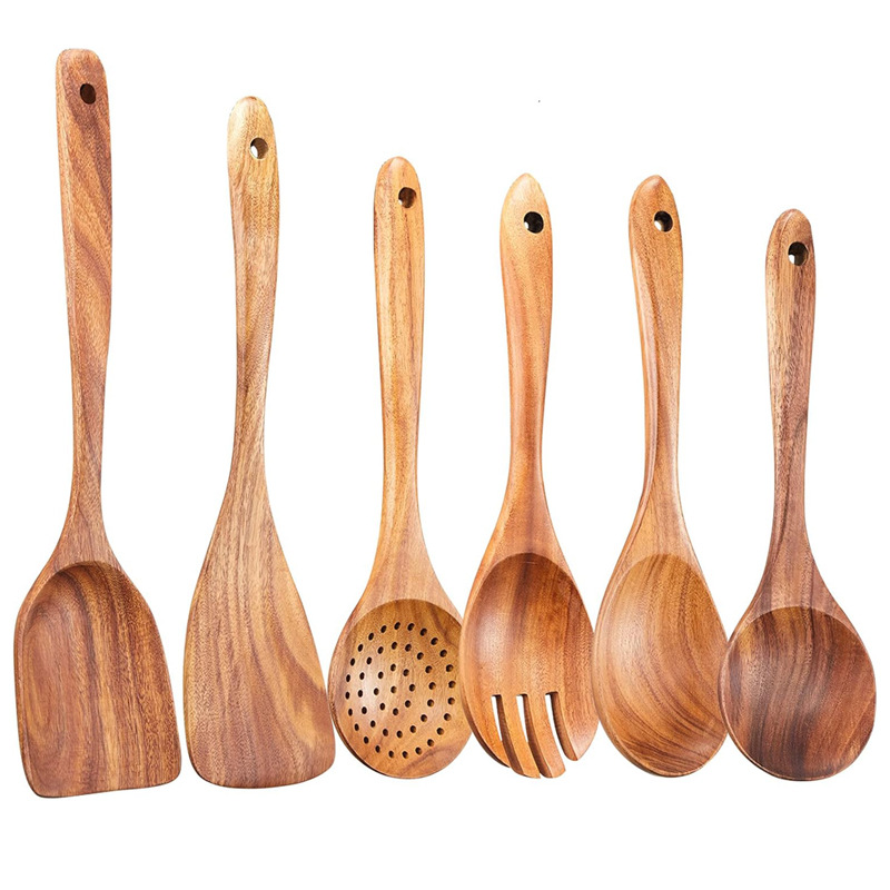  Teak Wood Cooking Utensil Set  Non-Stick Spoons Spatulas Forks Kitchen Collection with Long Handle Acacia Non-Scrape Kitchen Set  (2)