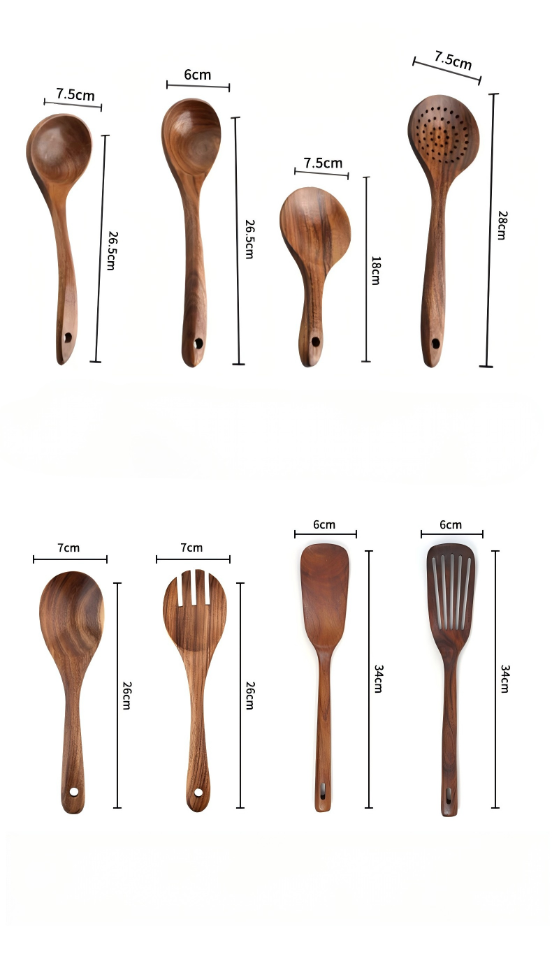  Teak Wood Cooking Utensil Set  Non-Stick Spoons Spatulas Forks Kitchen Collection with Long Handle Acacia Non-Scrape Kitchen Set  (2)