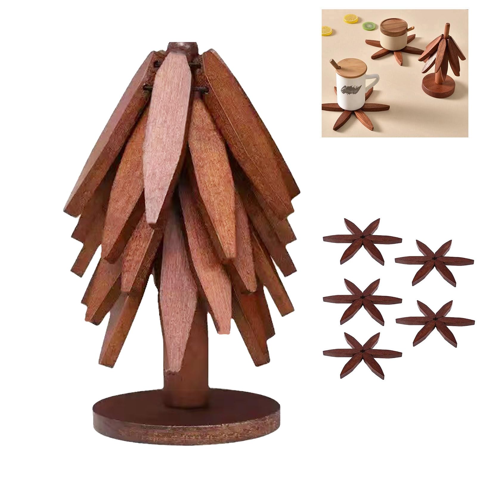 Wooden Cup Coaster Set,Tree Shape Trivet Set,Tree Coasters- 4 Wooden Trivets + 1 Stand stored for hot Dish/Pot/Bowl/teapot/hot Pot Set