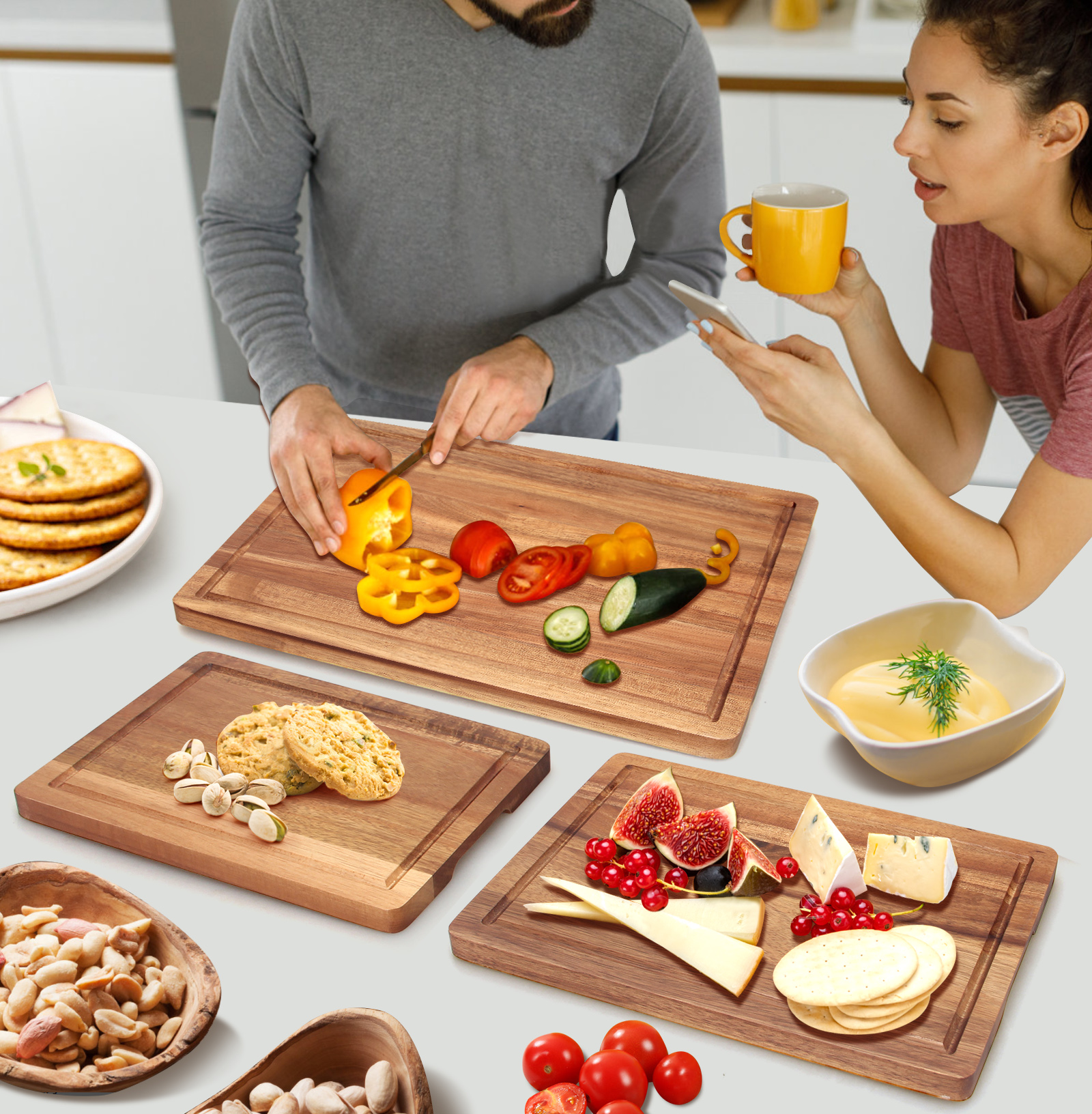 3 Pcs Acacia Wood Cutting Board Set with Holder Stand Meat Chopping Board Set Large Charcuterie Boards