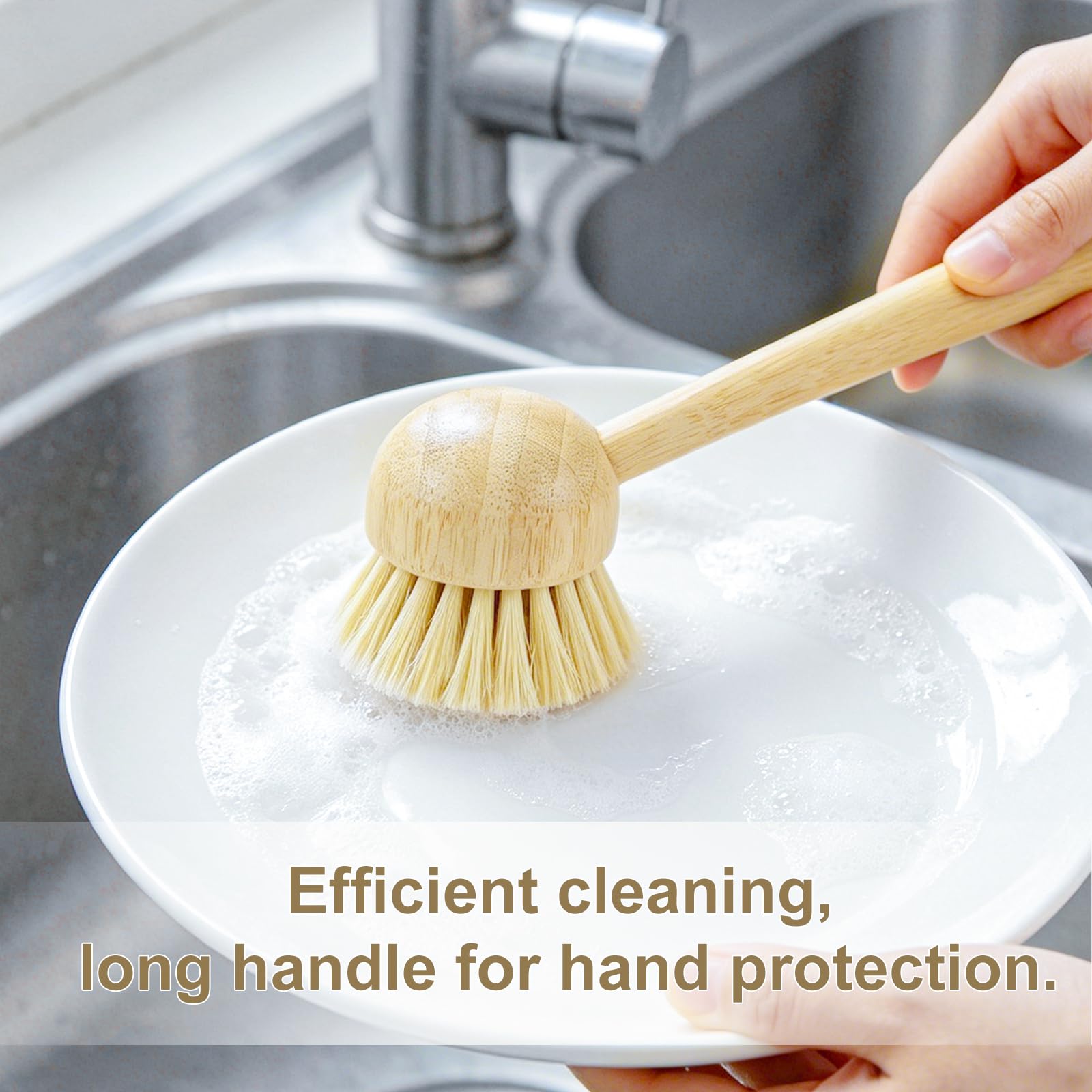 2 Pack Natural Kitchen Dish Brushes with Sisal & Palm Bristles, Long Bamboo Handle Scrubber for Dishes, Cast Iron Pans Pots and Vegetable Cleaning