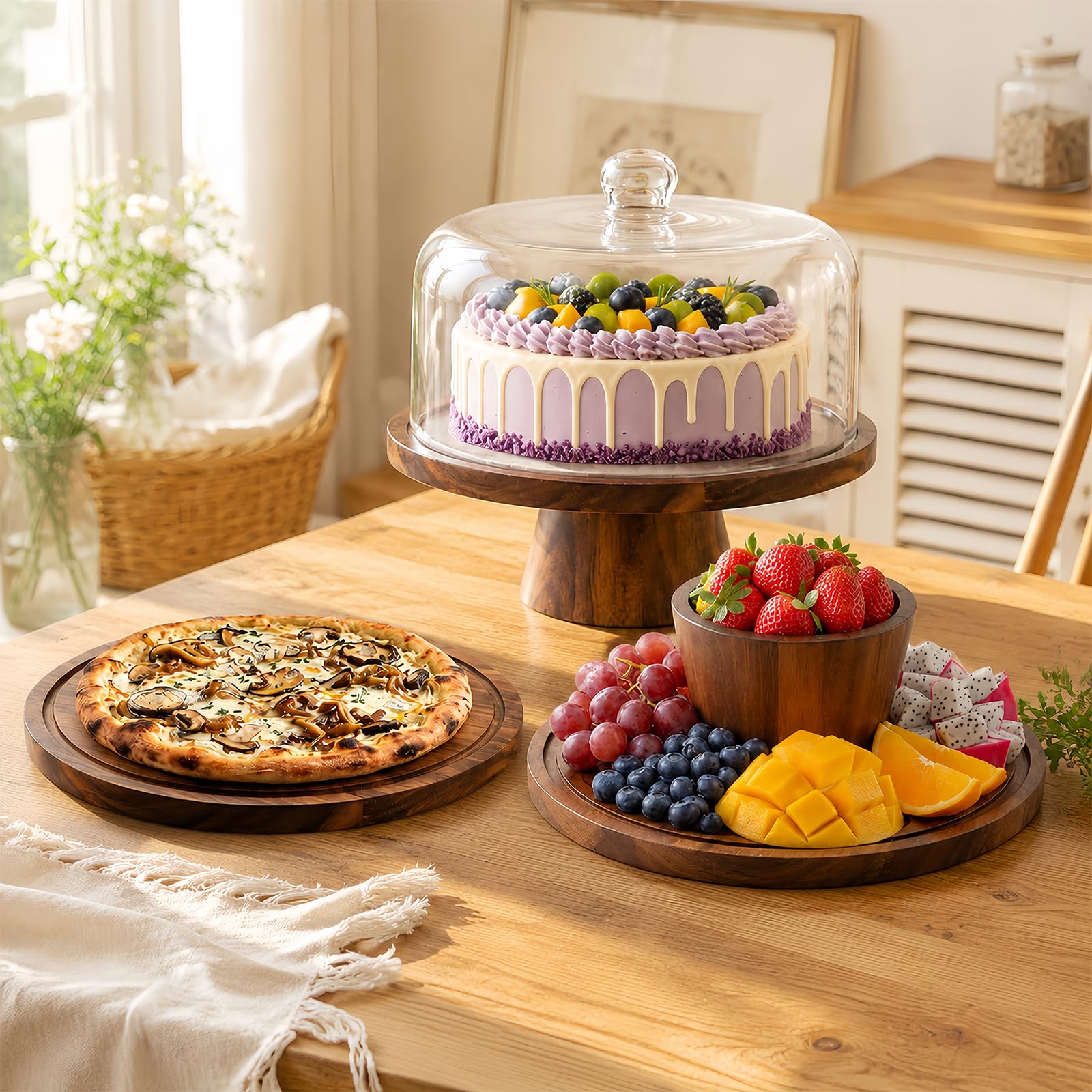 Tianzhu-Acacia Wood Cake Stand with Lid 2-In-1 Cake Plate with Acrylic Lid