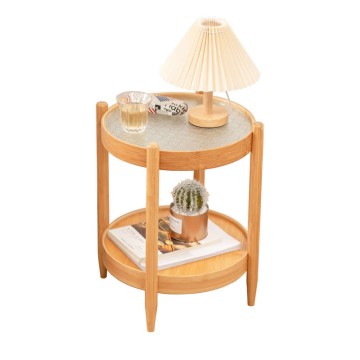 Movable Bamboo Cabinet Wooden Round Table Multi-Layer Coffee Table