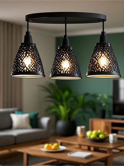 Ceiling light in pure black metal three-bulbs (1)