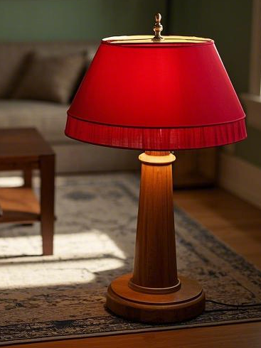 Red metal lampshade with wooden lamp post desk lamp (5)