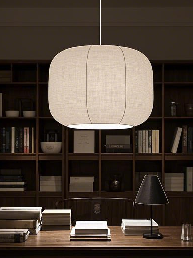 White Linen Drum - shaped Shade Metal Pendant Light