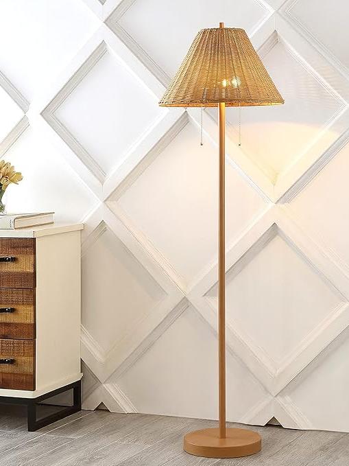 White rattan lampshade with wooden lamp stand floor lamp (1)