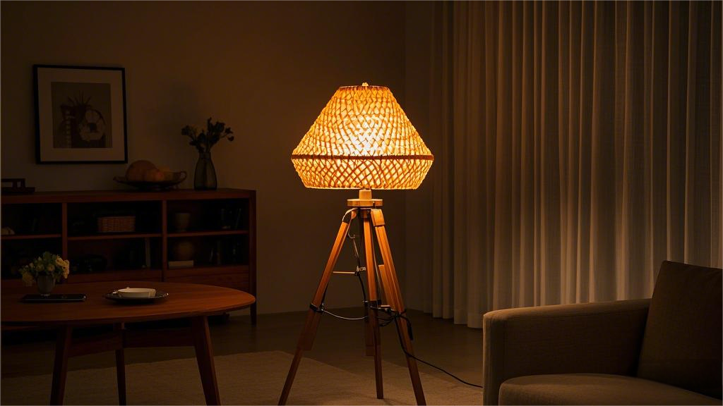 White rattan lampshade with wooden lamp stand floor lamp (1)