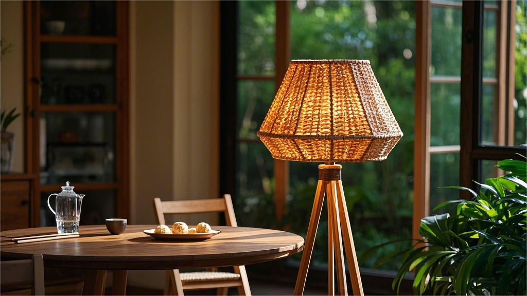 White rattan lampshade with wooden lamp stand floor lamp (3)