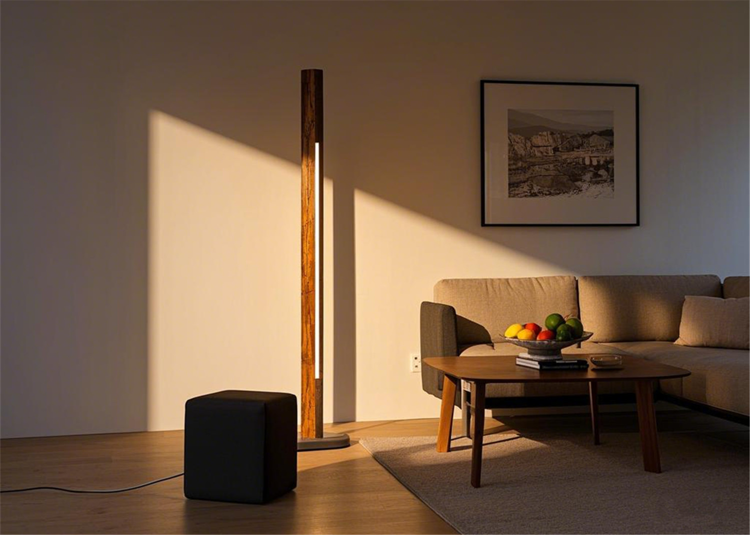 A floor lamp with natural solid wood