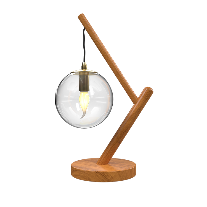 Table lamp, wooden lamp stand and transparent glass lamps...