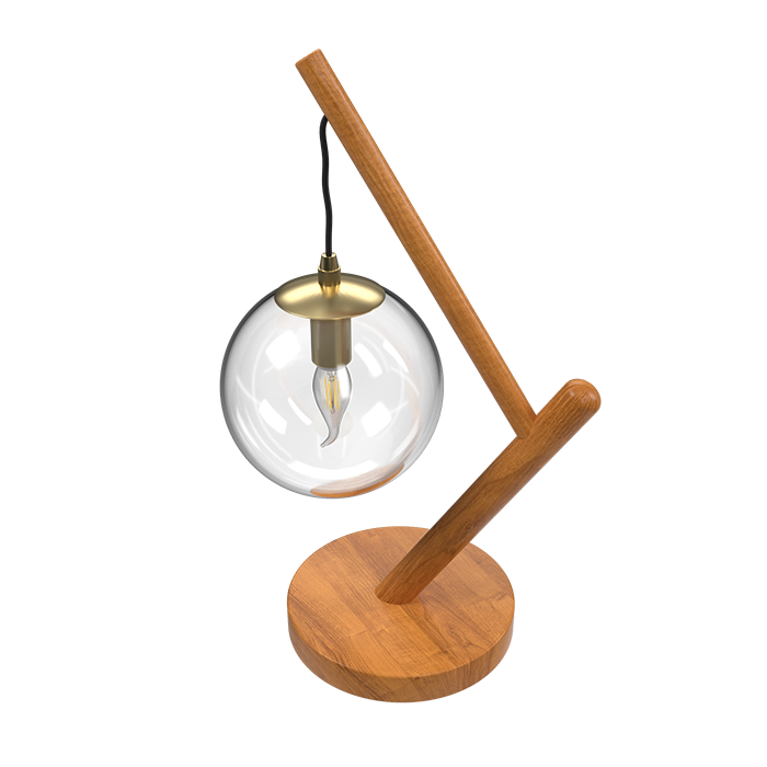 Table lamp, wooden lamp stand and transparent glass lamps...
