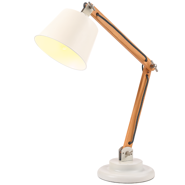 Desk lamp with a wooden pole and a white lampshade
