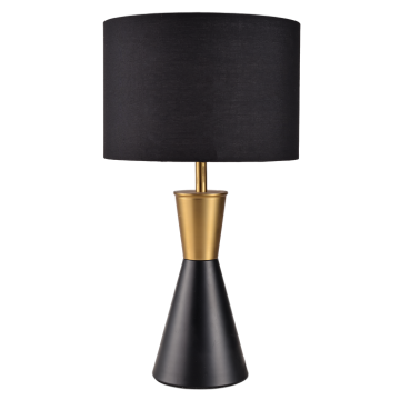 Lámpada de mesa con pantalla de tecido de metal negro e dourado