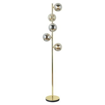 Kuldse viimistluse ja kerakujulise varjuga põrandalamp