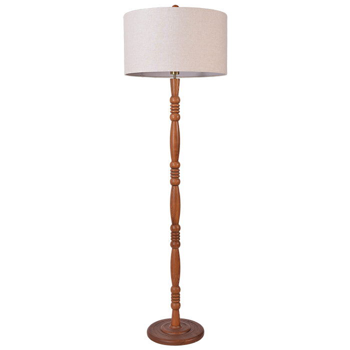 Floor Lamp Wooden Carved Column Beige Fabric Shade