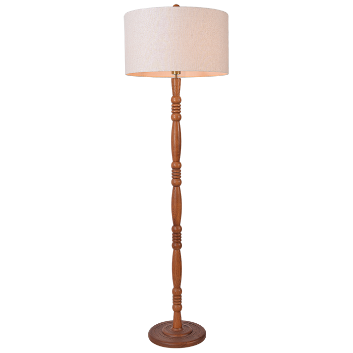 Floor Lamp Wooden Carved Column Beige Fabric Shade