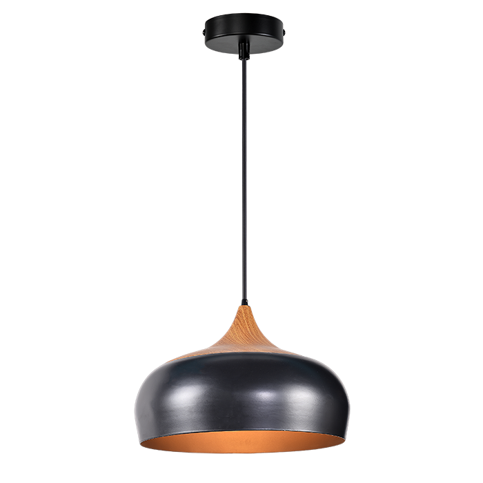 Pendant Light with Black Metal and Wood