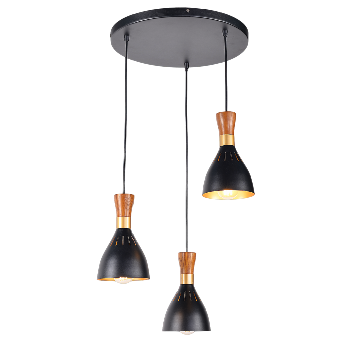 Pendant Lamp 3-Head Black Metal Cone Wood Neck
