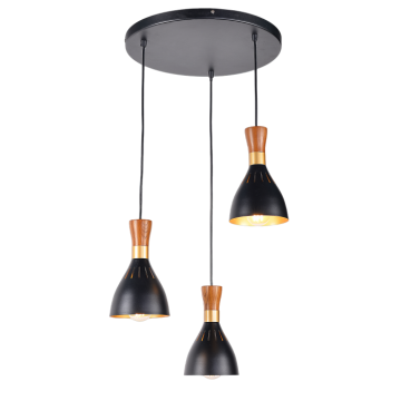 Падвесная лямпа з 3 галовамі, чорны метал, конус, драўляная шыя