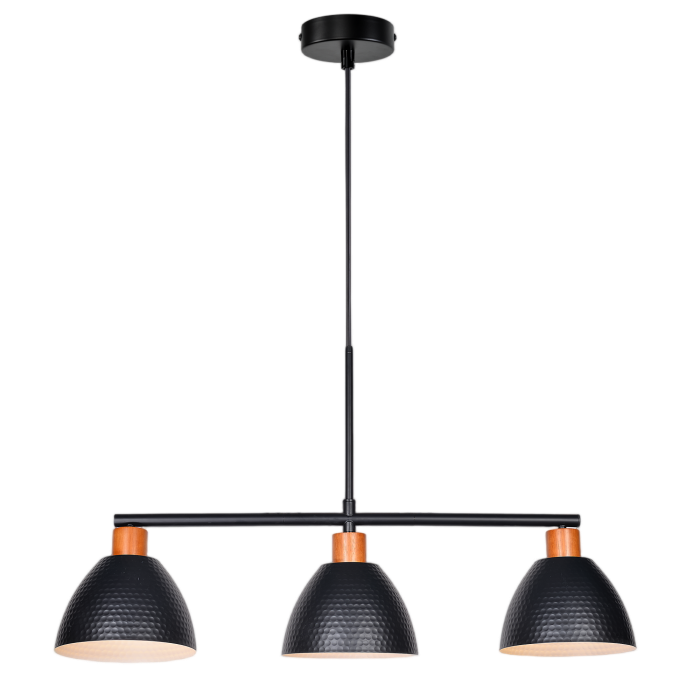 Pendant Lamp 3-Head Black Metal Cone Wood Neck