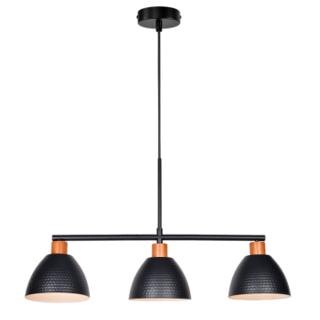 Падвесная лямпа з 3 галовамі, чорны метал, конус, драўляная шыя