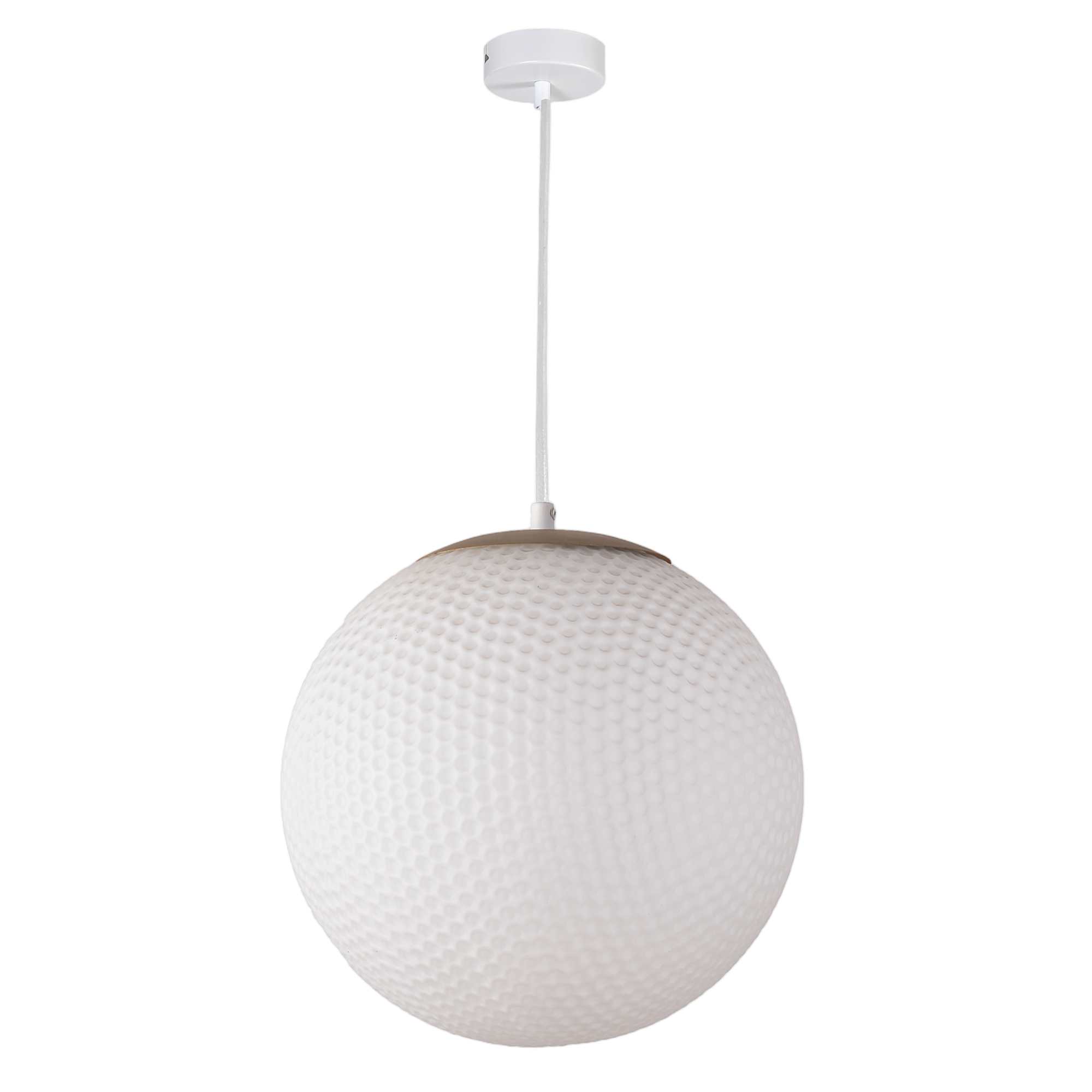 Pendant Lamp with White Glass Pebbled Sphere Metal Ring