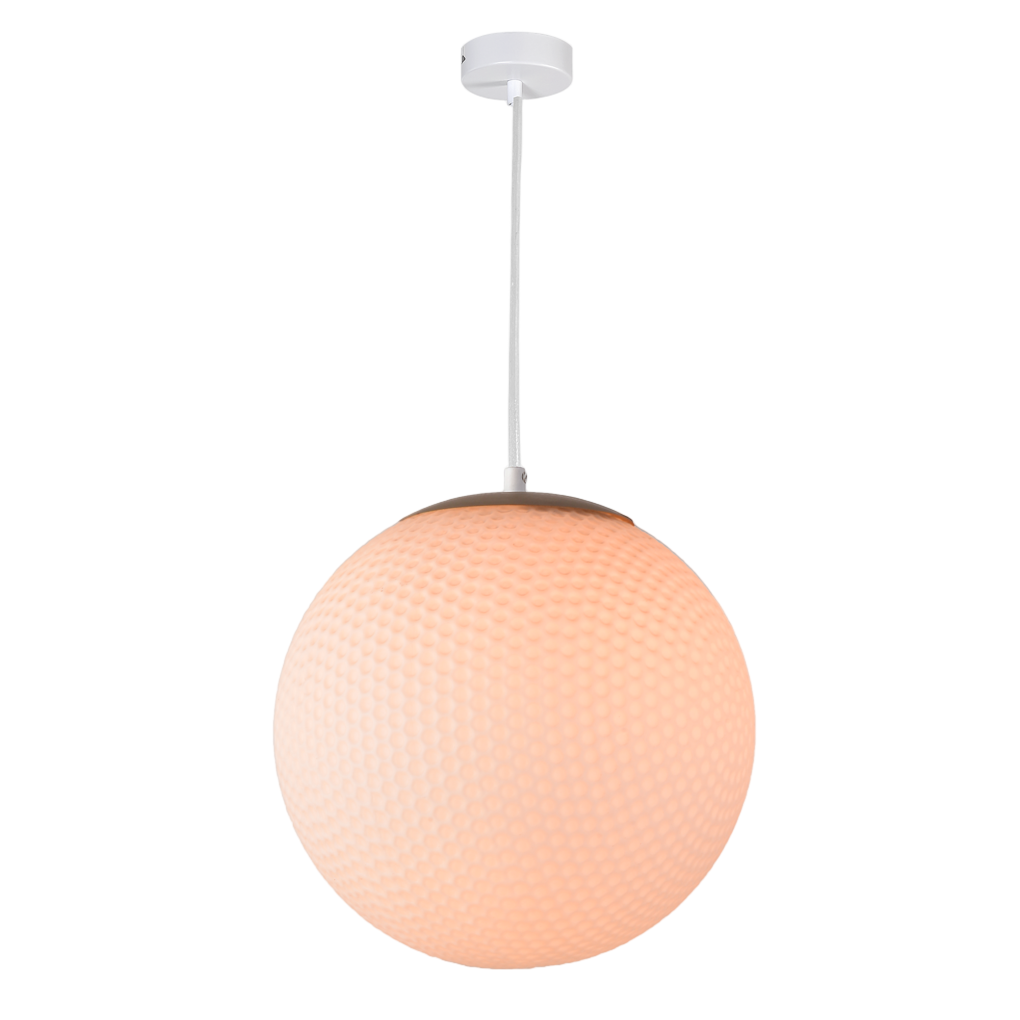 Pendant Lamp with White Glass Pebbled Sphere Metal Ring