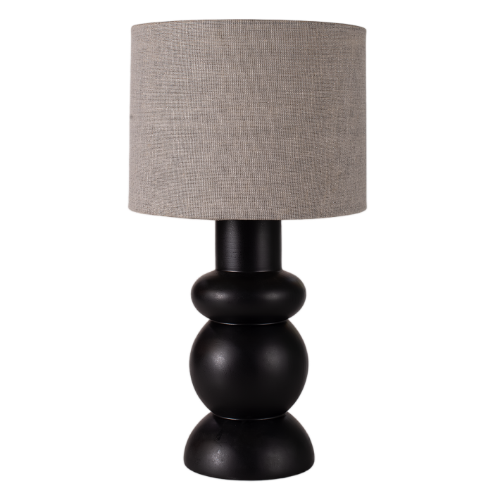 Table Lamp Black Wood Stacked Column Linen Shade