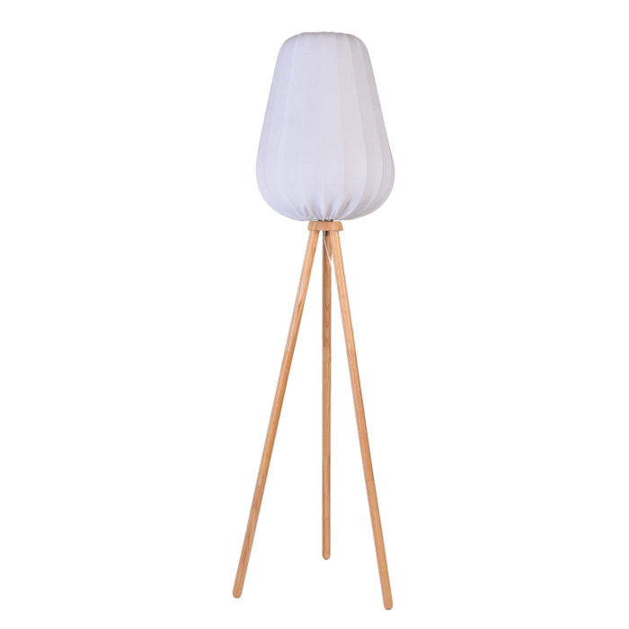 Floor Lamp Wooden Tripod White Pleated Fabric Shade